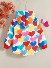Girls Fashionable Casual Outerwear Jacket, Heart Print, Front Button, Long Sleeve, Hooded, Fleece Lining For Autumn/Winter